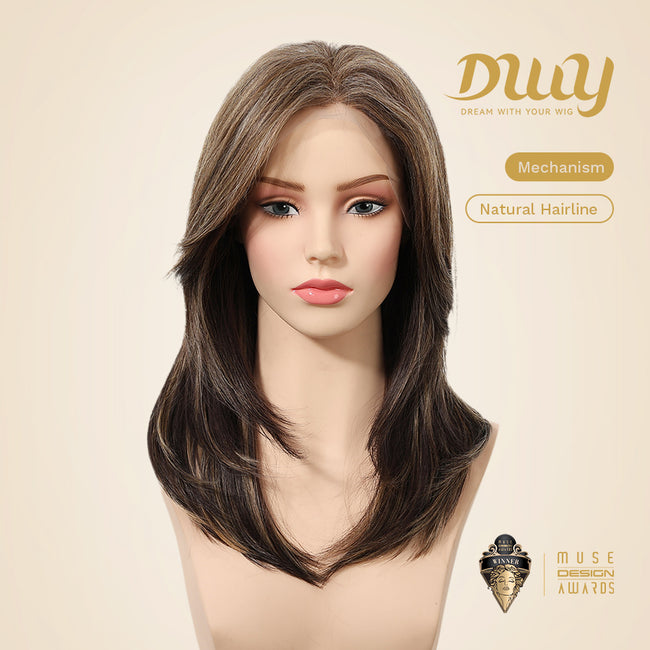 Fable-DWY 13×4 Filter Lace Front Free Part Mid-Length Layer-cut Straight Brown with Highligts Glueless Synthetic Wig
