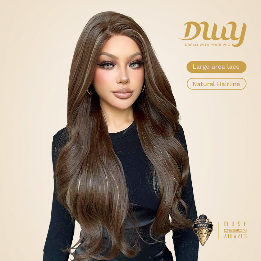 Zenasia-DWY 13×6 Libera Filter Lace Free Part Wavy Brown with Highlights Glueless Synthetic Wig