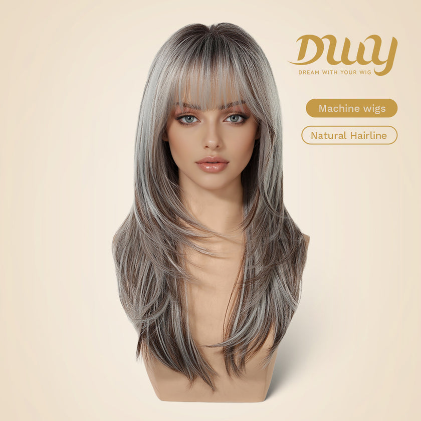 Elara-DWY 22 Inch Silver Grey Balayage Long Layered Wig with Air Bangs | Natural Synthetic Hair for Women | Daily Wear & Versatile Styling