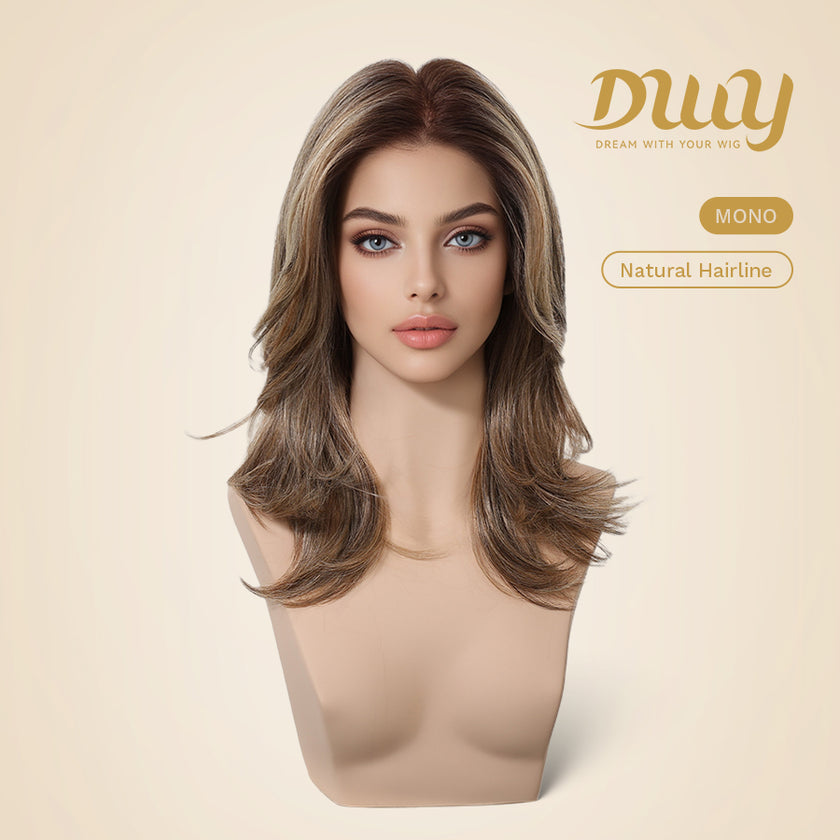 Rachel-DWY Mono Lace Front Free Part Collarbone Length Wavy Brown Glueless Synthetic Wig for Women 18 Inches Autumn Outfits Blonde Wigs Curly Wavy Blonde