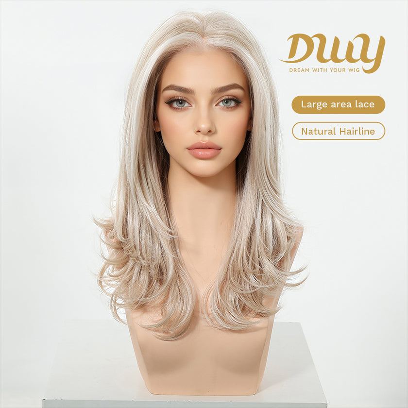 Lainey H-NEW COLOR DWY 13×4 Free Parting Hand -Tied Top Middle Length Light Brown with Highlights  Glueless Synthetic Wig