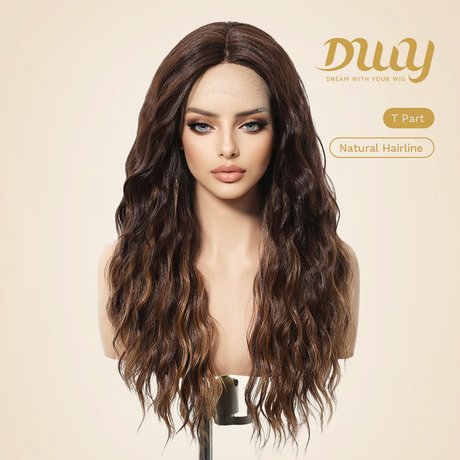 DWY Brown Mixed Synthetic Hair T-Part Lace Wig with Middle Parting
