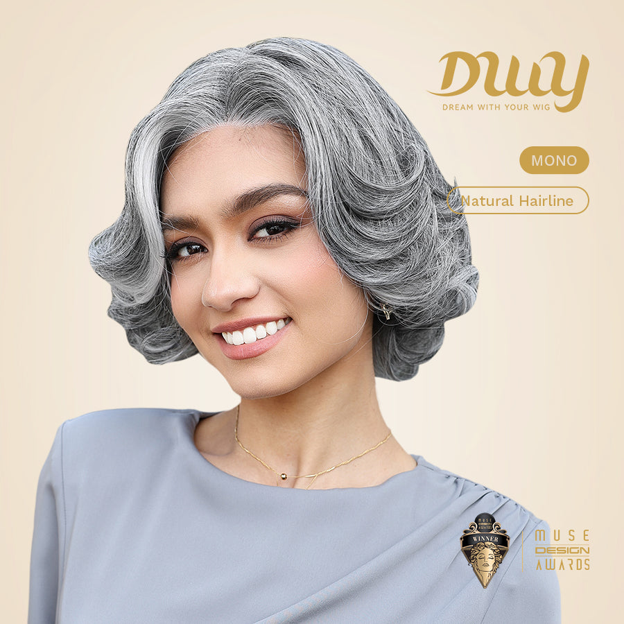 Suri-DWY Mono SkinWeft Free Part Short Curly White Gray Glueless Synthetic Wig