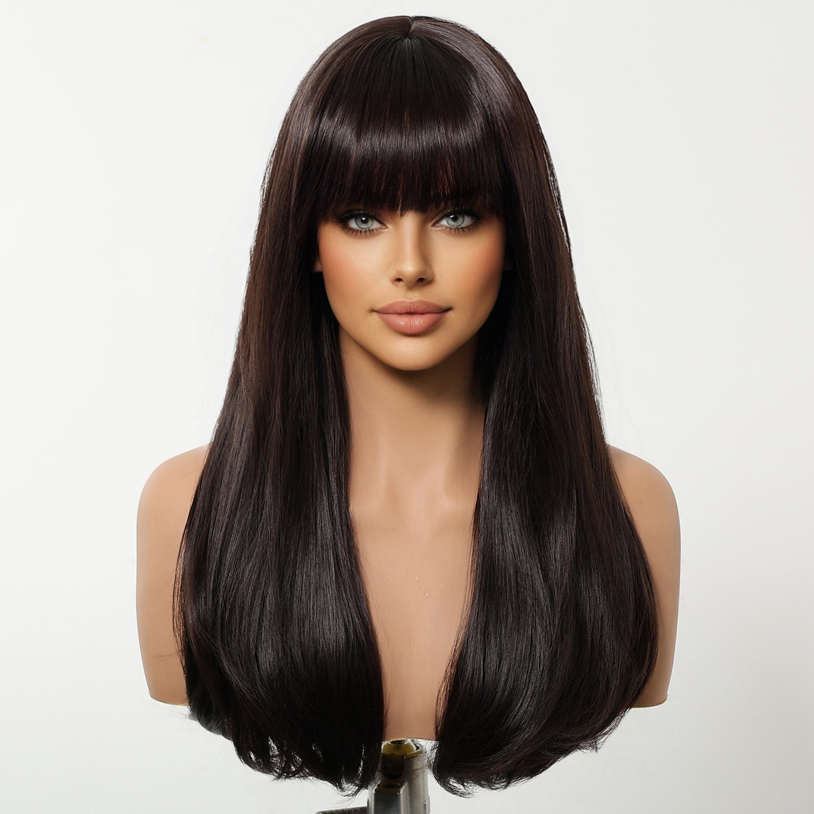 Maribel-DWY Machine Made Mid-Length Curly Black Glueless Synthetic Wig with Bangs for Women 16 Inches
