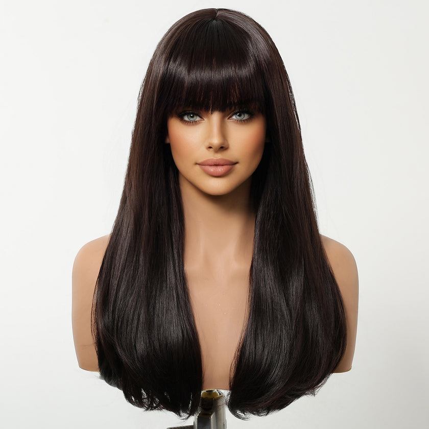 Maribel-DWY Machine Made Mid-Length Curly Black Glueless Synthetic Wig with Bangs for Women 16 Inches
