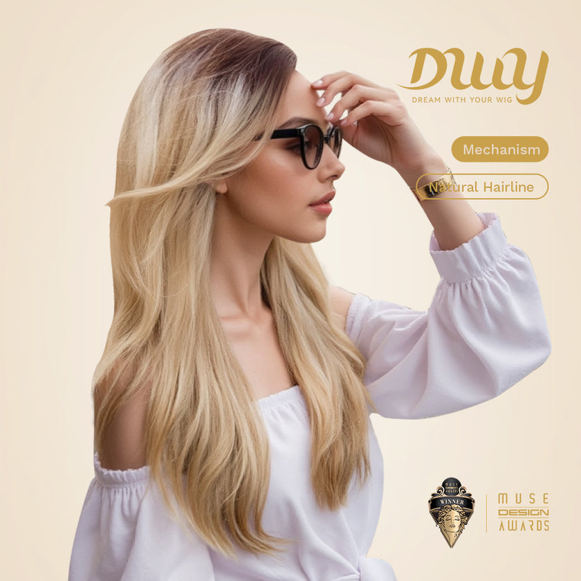 Evie-DWY Mid-Length Wavy Ombre Blonde with Bangs Glueless Synthetic Wig for Women 24 Inches