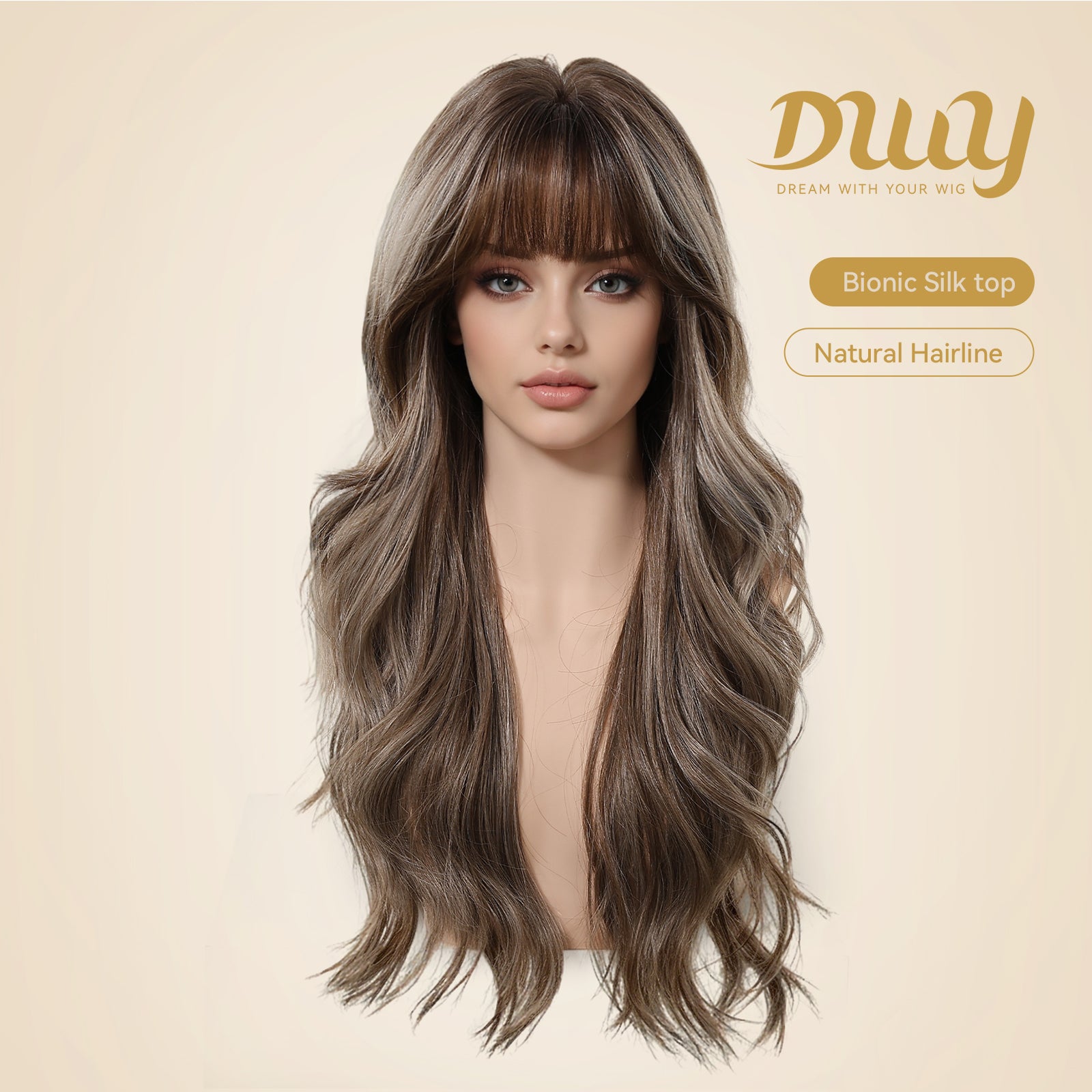 Apricot -DWY New Technology! Bionic Silk Top 24-Inch Long Wave Cowboy Copper Glueless Synthetic Wig with Bangs for Women High-Quality Premium Fiber Easy Wear Comfortable Fit