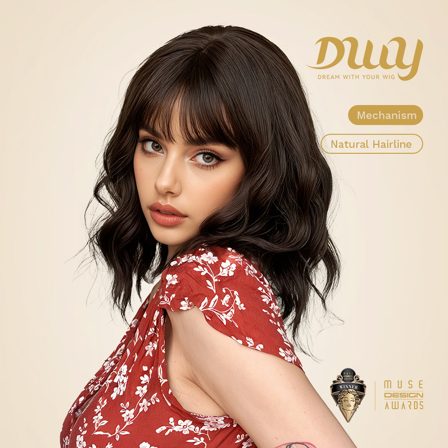 Gemma-DWY Machine Made Natural Black Short Bob Curly Glueless Synthetic Wig with Bangs for Women 12 Inches