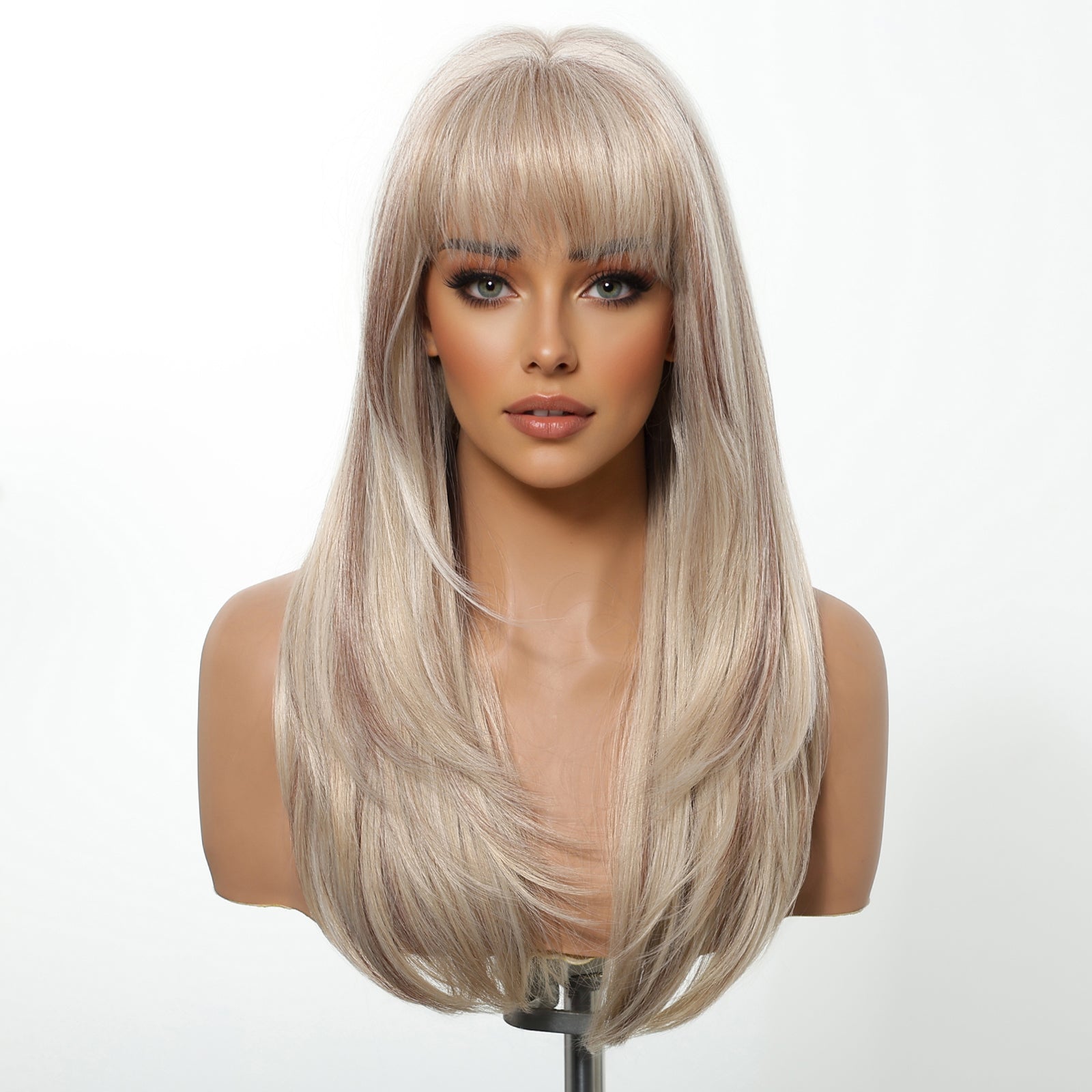 Tina- DWY NEWIN Long-length Layer-cut Straight with Air Bangs Linen Brown with Highlights Glueless Synthetic Wig