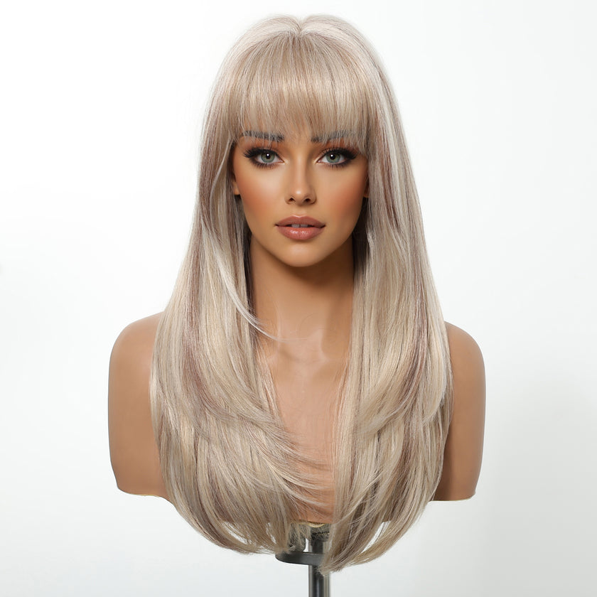 Tina- DWY NEWIN Long-length Layer-cut Straight with Air Bangs Linen Brown with Highlights Glueless Synthetic Wig