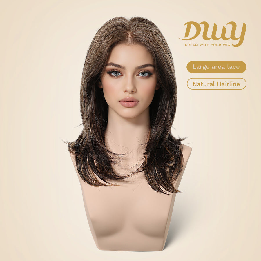Sasha-DWY 13×4 Lace Front Free Part Mid-Length Wolf-cut Straight Truffle Brown Glueless Synthetic Wig for Women 18 Inches