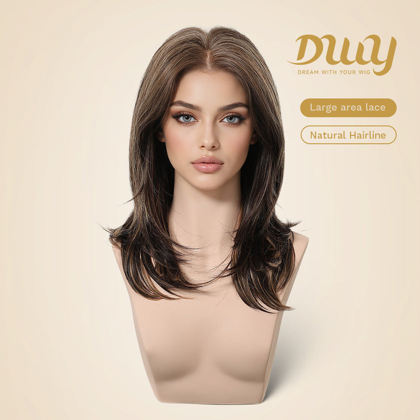Sasha-DWY 13×4 Lace Front Free Part Mid-Length Wolf-cut Straight Truffle Brown Glueless Synthetic Wig for Women 18 Inches