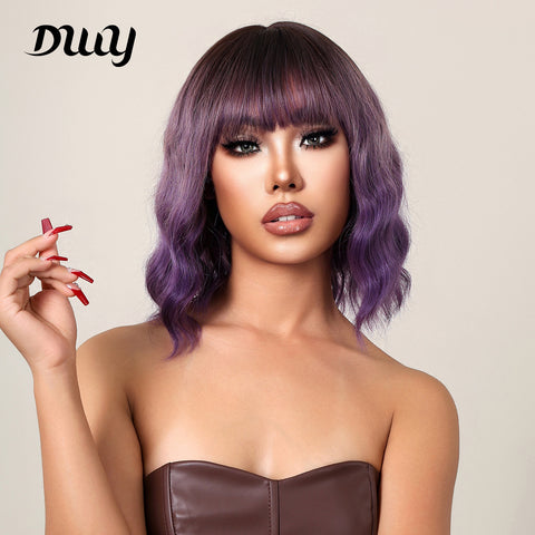 14 inches ombre purple body natural wave wigs with bangs for women partyWL1077-1