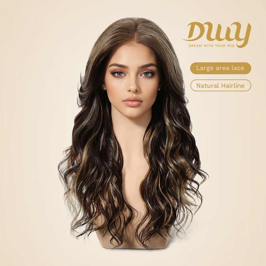 July-NEW! DWY 13×6 Free Part Lace Front Long-Length Curly Ombre Brown with Highlights Glueless Synthetic Wig