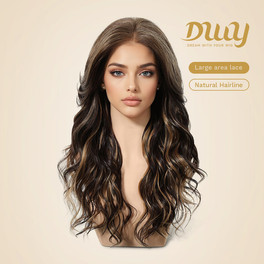 July-NEW! DWY 13×6 Free Part Lace Front Long-Length Curly Ombre Brown with Highlights Glueless Synthetic Wig
