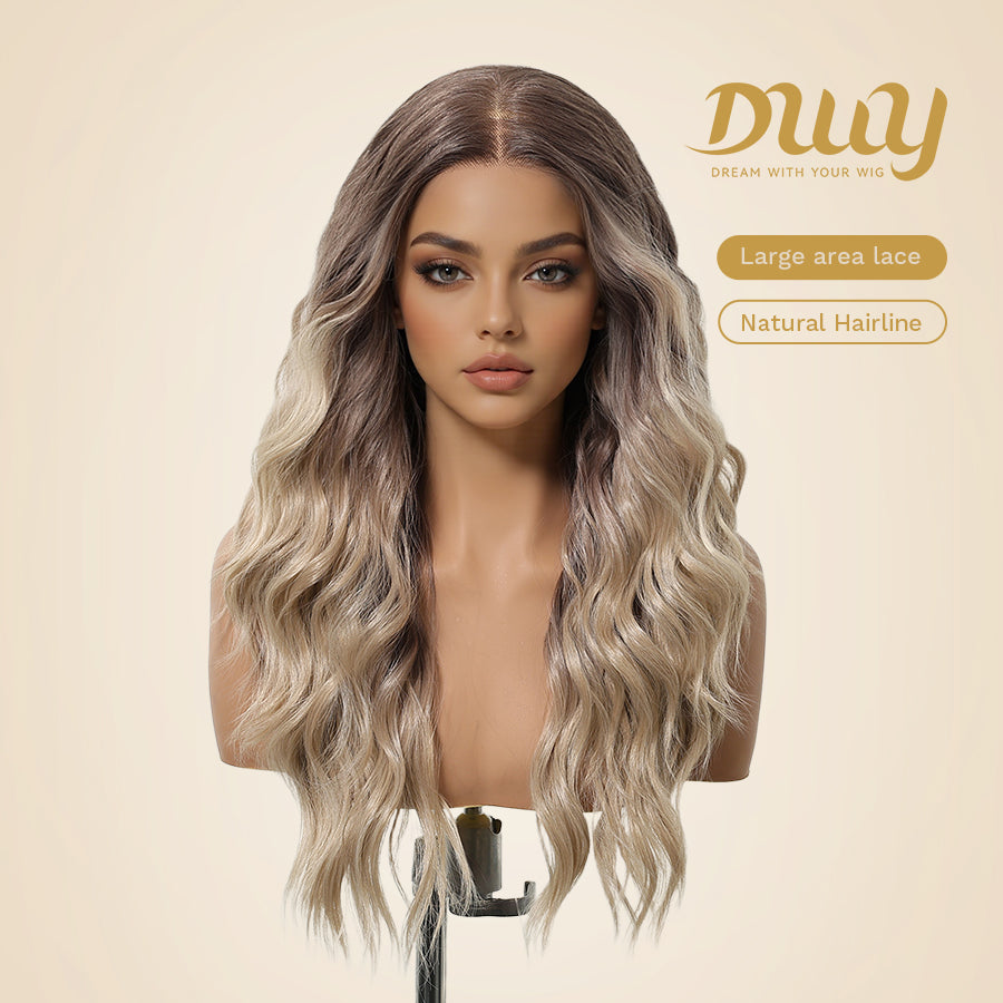 Lyna C-DWY 13*6 Lace Front Long Beach Wave Ombre Blonde with Highlight Glueless Synthetic Wig