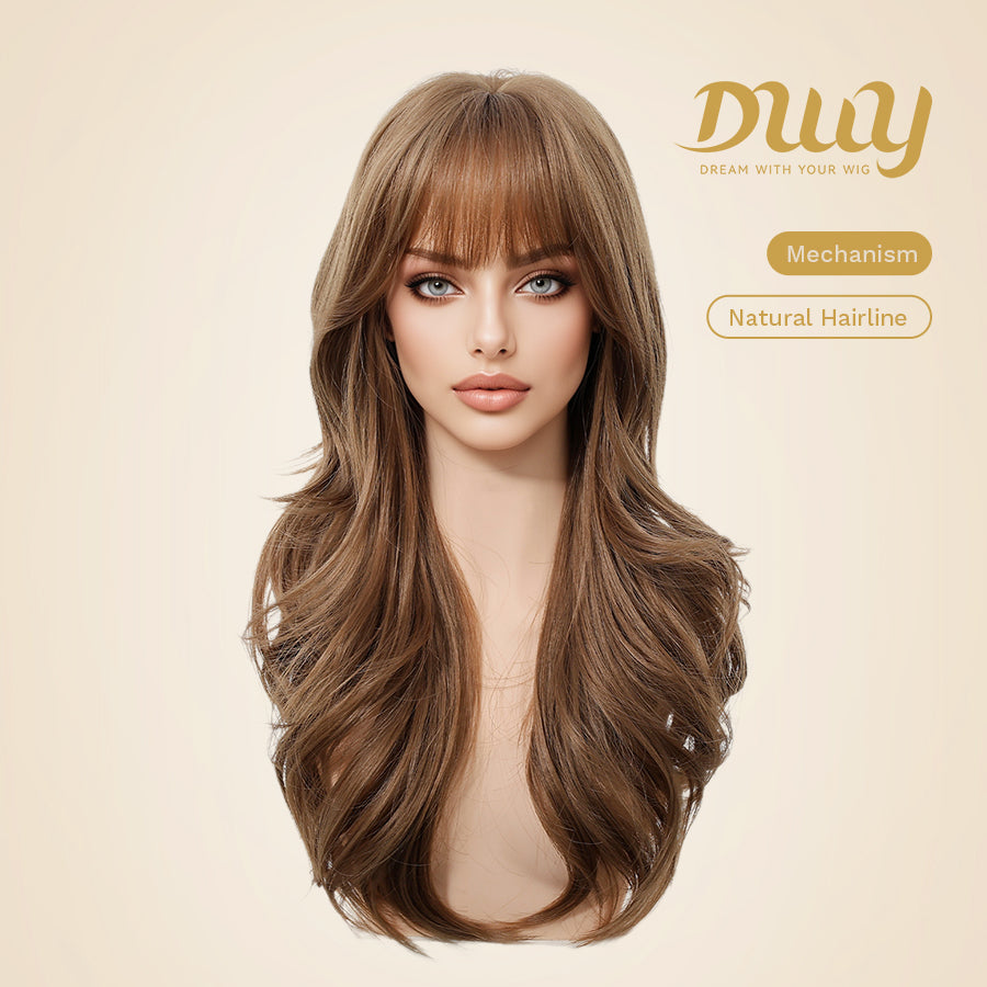 Molly-DWY Mid-Length Wavy Layer Cut Golden Linen Brown Glueless Synthetic Wig for Women 24 Inches Natural Hairline
