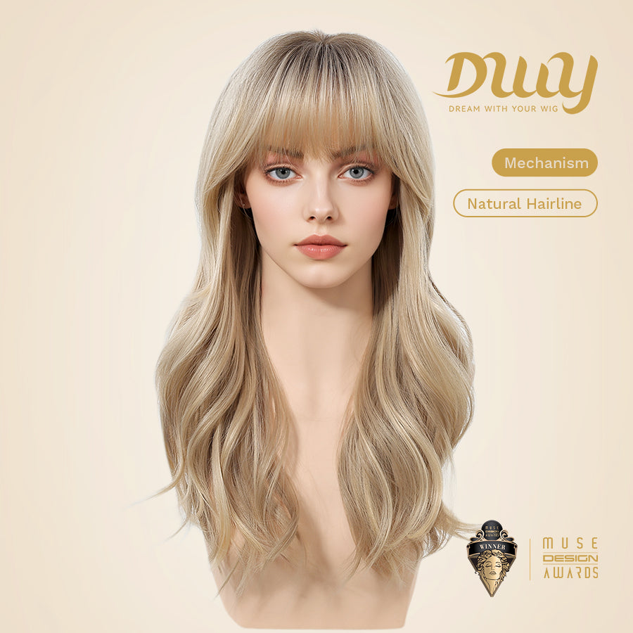 Cybil-DWY Machine Made Mid-length Wave  Bolonde With Dark Roots Glueless Synthetic Wig With Bangs For Women  22 Inches