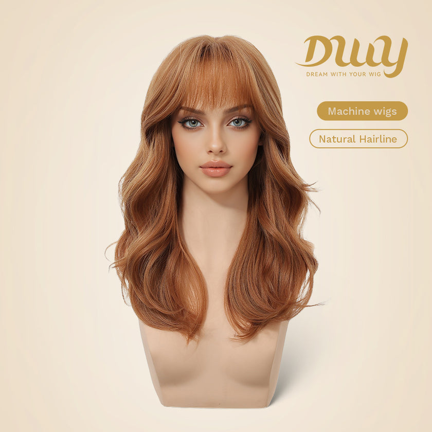 Rina-DWY Machine Made Mid-length Wavy Hairstyle Auburn with Blunt Bangs Glueless Synthetic Wig for Women 18 Inches
