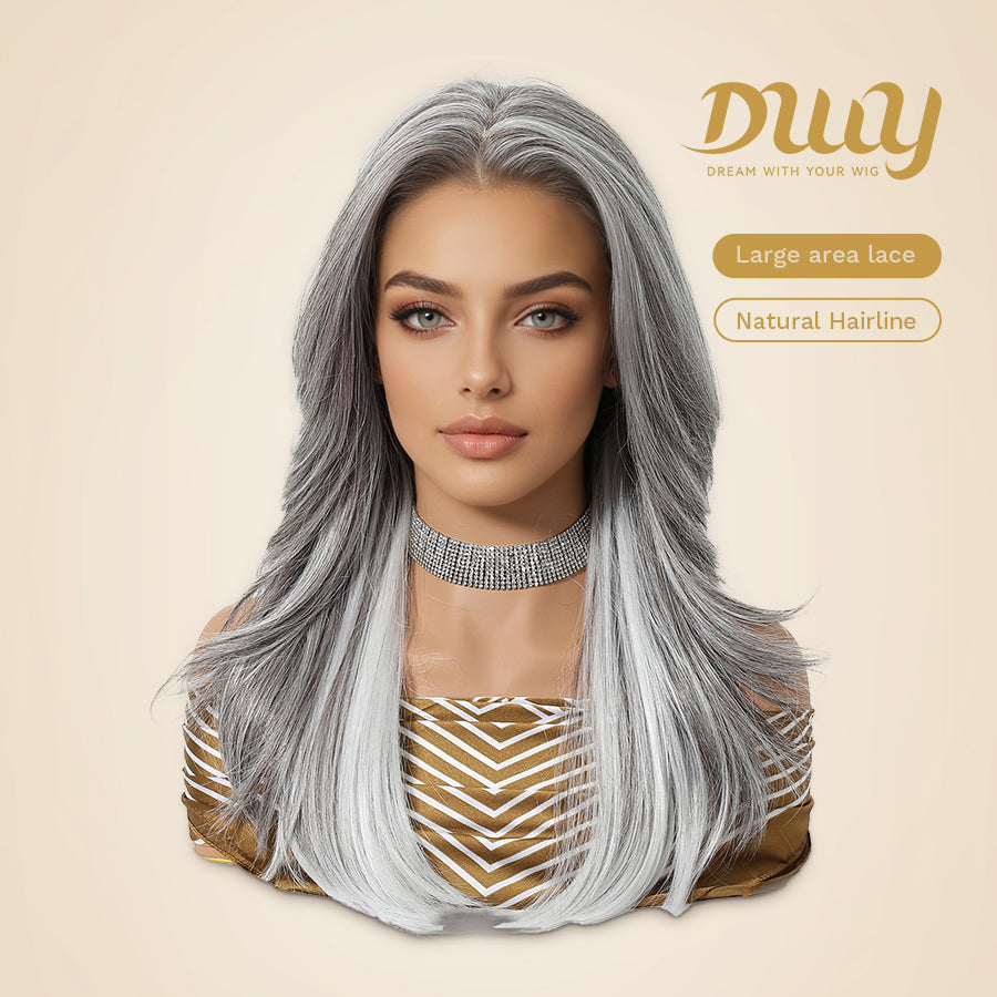 Gary-DWY 13x6 Librea Lace Front Wig 18 Inches White Gray Highlights Glueless Synthetic Wig