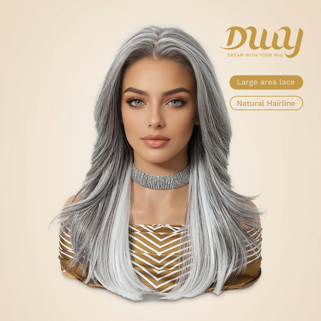 DWY Gary-DWY 13x6 Librea Lace Front Wig 18 Inches White Gray Highlights Glueless Synthetic Wig