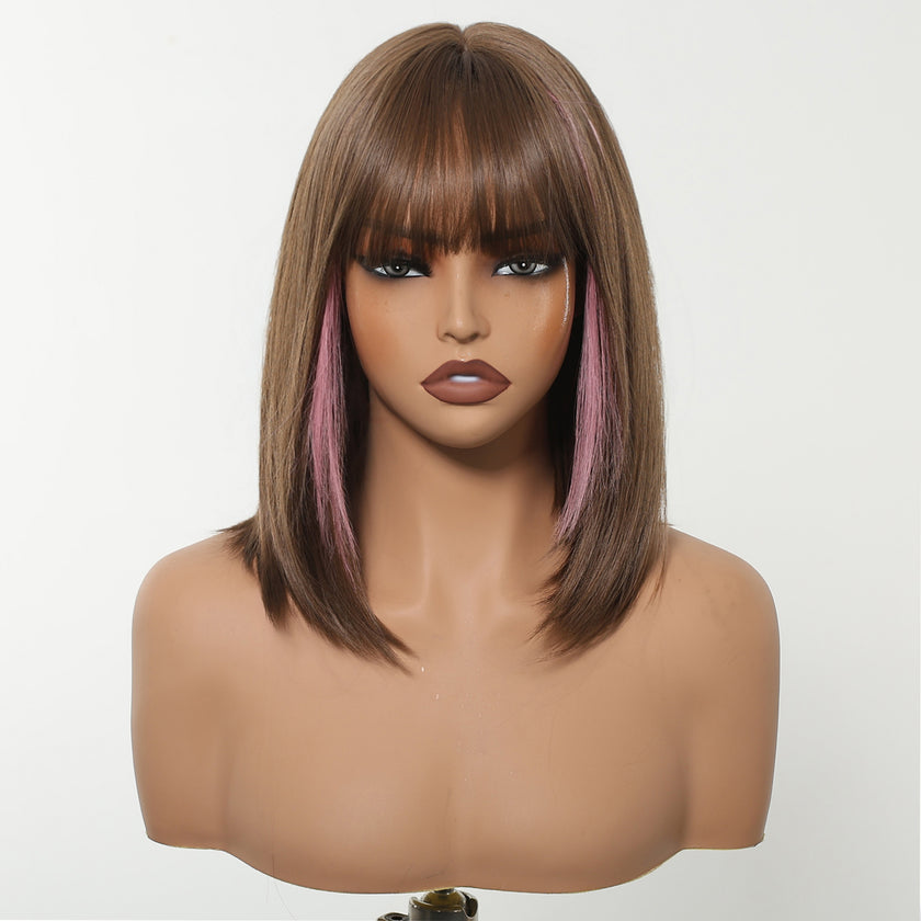 Bethany-DWY Machine Made Short Bob Straight Chestnut Brown with Pink Highlights Glueless Synthetic Wig for Women 12 Inches