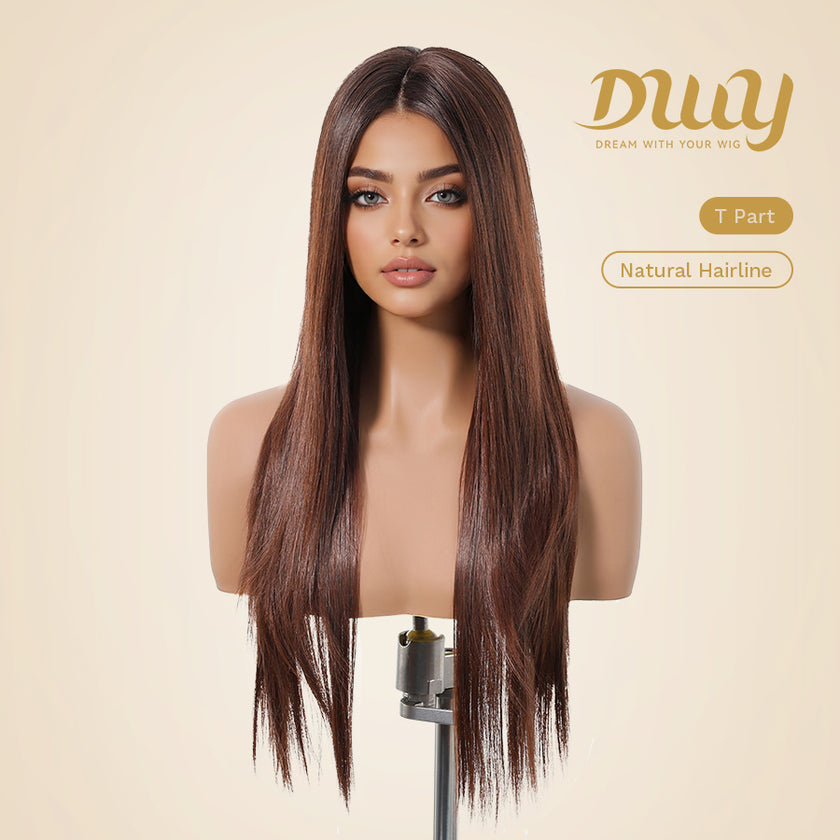 DWY 30-Inch Lace Front Wig - Silk Straight Natural Synthetic Wig with Middle Parting T-Part Design