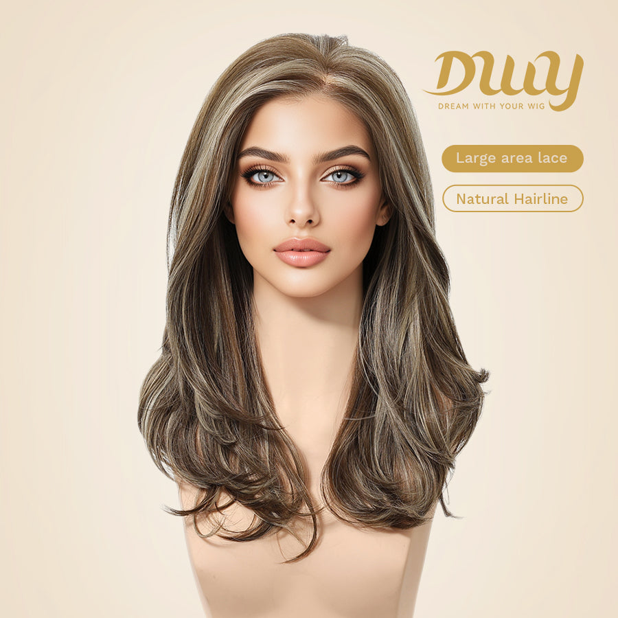 Lainey H-NEW COLOR DWY 13×4 Free Parting Hand -Tied Top Middle Length Light Brown with Highlights  Glueless Synthetic Wig