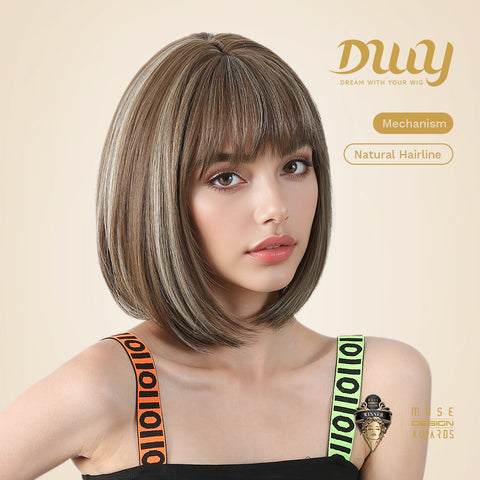 Jean-DWY 12-Inch Glueless Synthetic Wig: Chic Brown with Blonde Highlights and Bangs