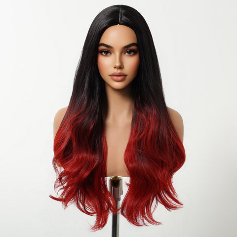 【Year End Sale】Dwy Jet Black & Red Mixed Synthetic Wig – Wavy Style