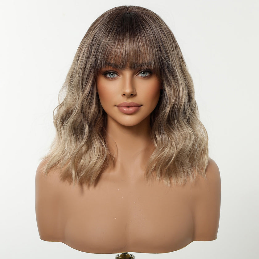 Diane-DWY Machine Made Short-length Water Wave Blonde Gradient Bob Hair with Bangs Glueless Synthetic Wig for Women 14 Inches