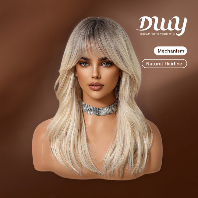 Paloma C-DWY【Gen 2 Large Realistic Scalp】Mid-Length Wavy Rooted Blonde with Bangs Glueless Synthetic Wig