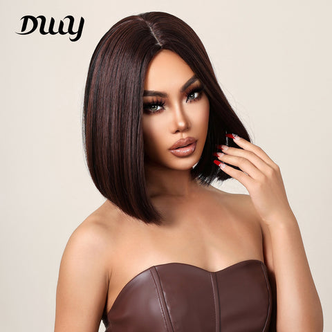 12 Inches Long Straight Brownish Black Synthetic Wigs with Reddish Brown Highlight Women's Wigs for Daily or Cosplay Use LC2009-1