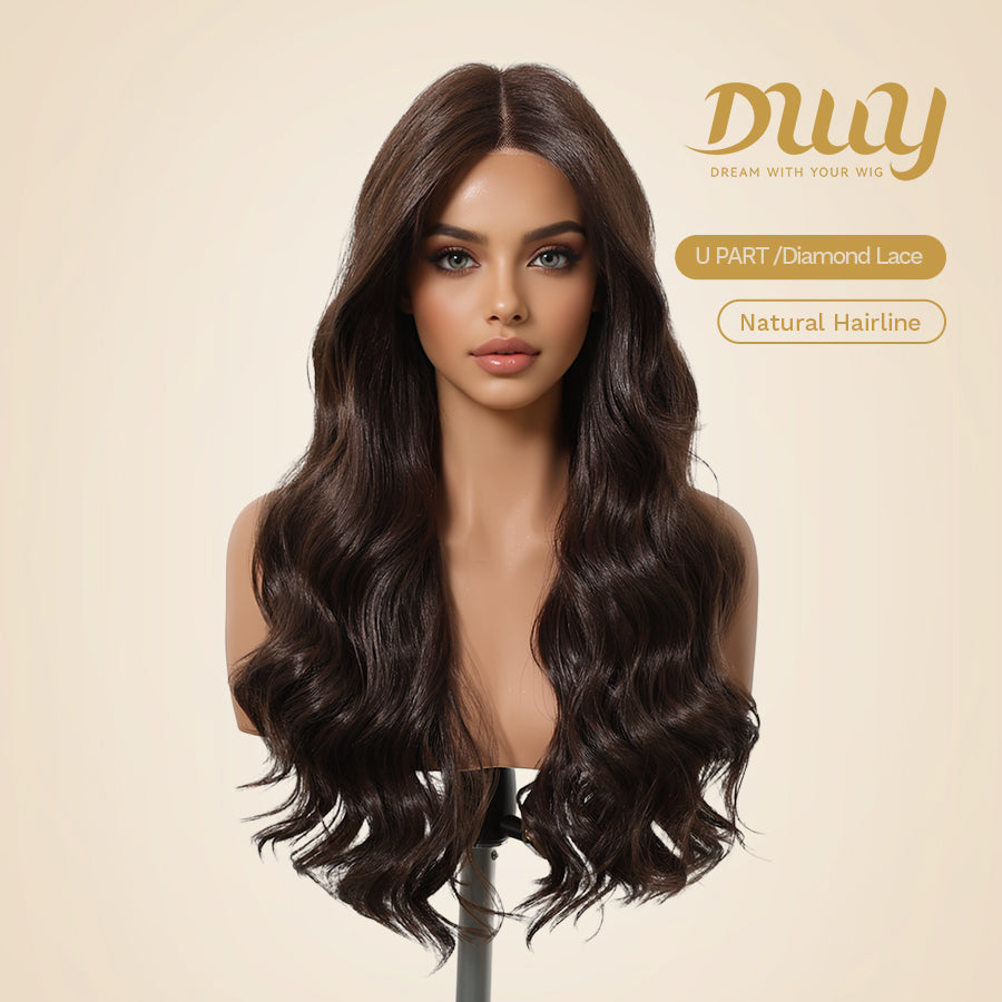 Claire NEW! DWY Pre cut U part Diamond Lace Long length Dark Brown Retro Water Waves Hair Glueless Synthetic Wigs for Women 24 Inches