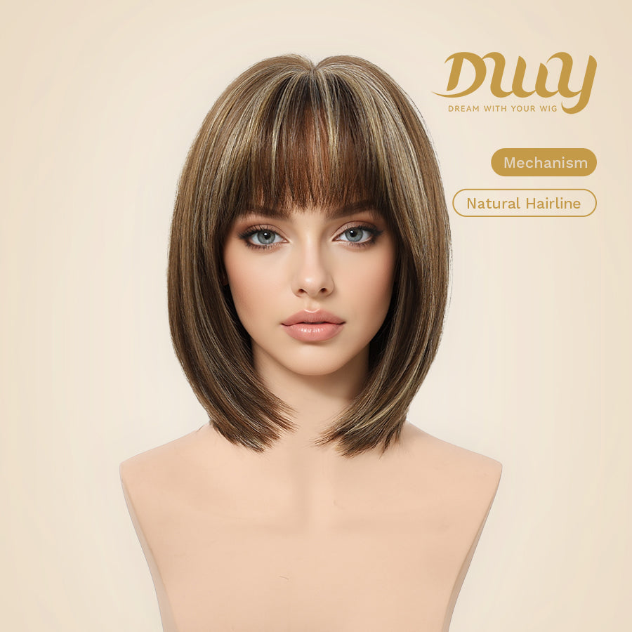 Jean plus -DWY【Gen 2 Large Realistic Scalp】Short Straight Brown with Blonde Highlights Glueless Synthetic Wig with Bangs