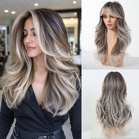 Simone -DWY Long-length Layer-cut Wave Ash Grey Gradient Glueless Synthetic Wig