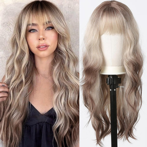 Kacey-DWY 28-Inch Long Wavy Ombre Blonde and Brown Wig with Bangs