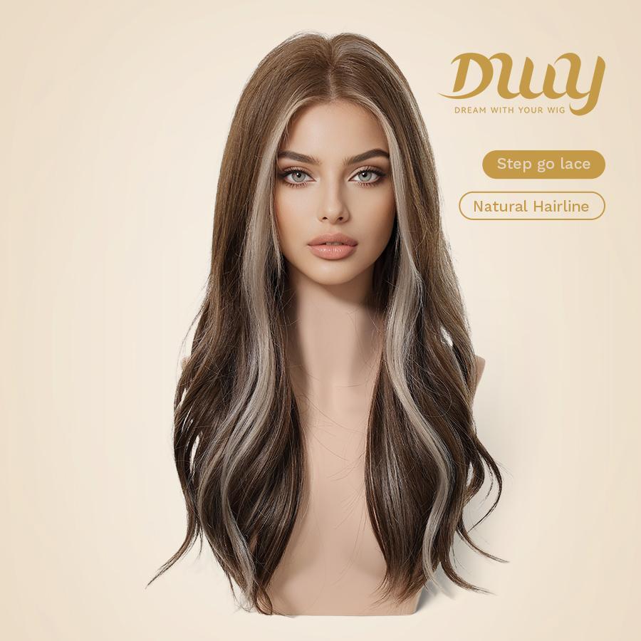 Joy -DWY NEW Step Go Lace Free Part Long-Length Brown Bangs Highlights Glueless Mixed Japanese Fiber Wig for Women 22 Inches
