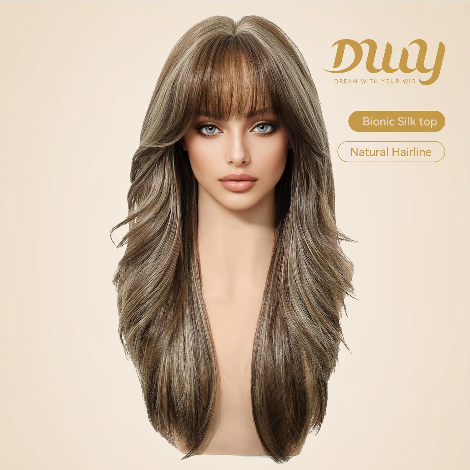 Kimi C-DWY New Technology! Bionic Silk Top 22-Inch Long Wave Light Brown Glueless Synthetic Wig