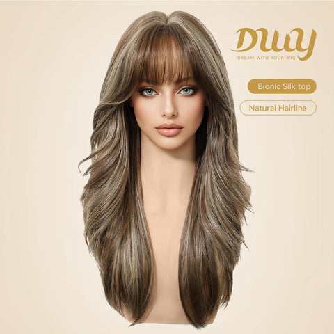 Kimi C-DWY New Technology! Bionic Silk Top 22-Inch Long Wave Light Brown Glueless Synthetic Wig with Bangs for Women High-Quality Premium Fiber Easy Wear Comfortable Fit
