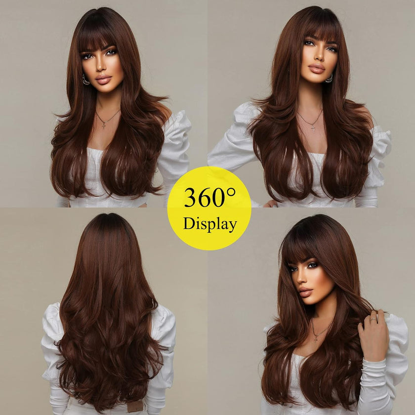 DWY 26 inches Long Curly Brown with Bangs Synthetic Wig