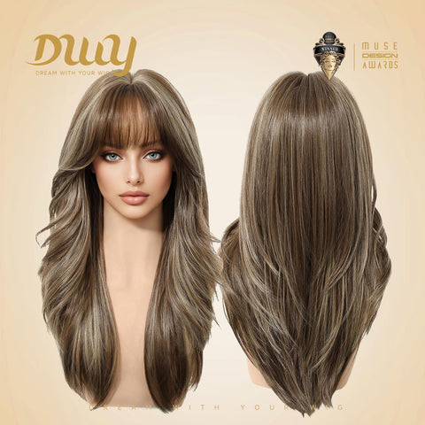 Kimi C-DWY New Technology! Bionic Silk Top 22-Inch Long Wave Light Brown Glueless Synthetic Wig with Bangs for Women High-Quality Premium Fiber Easy Wear Comfortable Fit