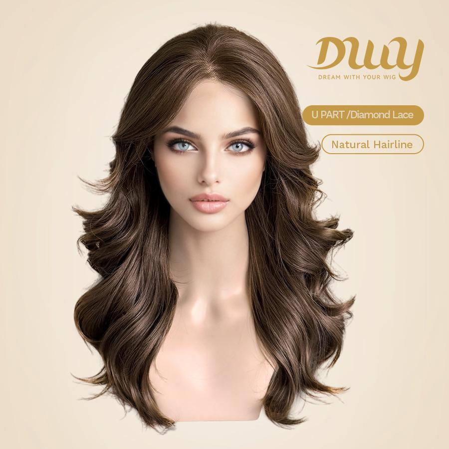 A mannequin head displaying the same medium-brown wavy hair seen on the model. The hair parts down the middle. The DWY Dream With Your Wig logo, 