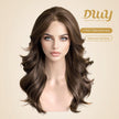 A mannequin head displaying the same medium-brown wavy hair seen on the model. The hair parts down the middle. The DWY Dream With Your Wig logo, 