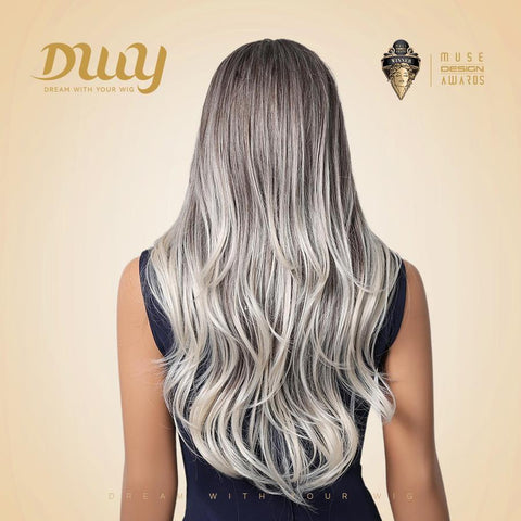 Katelynn-DWY 22-Inch Long Natural Wave Gray Gradient Brown Layered Cut Synthetic Wig
