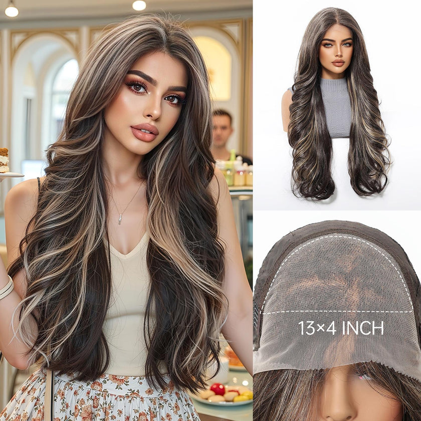Valentina- New Arrival DWY 13×6 Lace Front Free Part Long-Length Curly Brown with Highlights Glueless Synthetic Wig