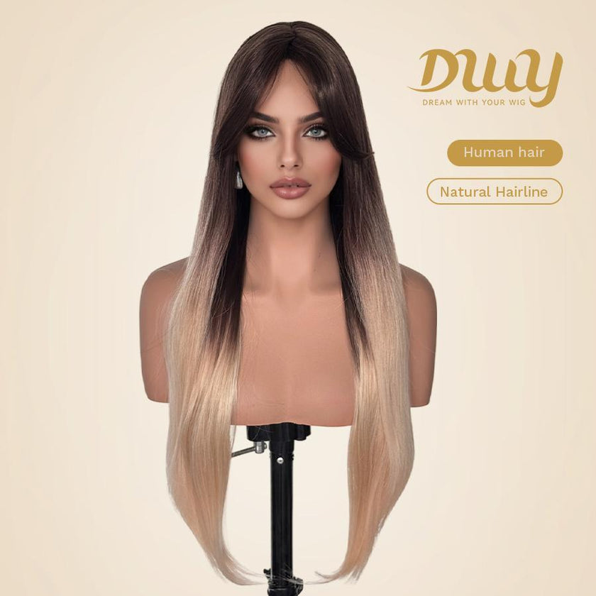 【CLEARANCE SALE】Jlo-DWY Machine Made Long length Straight Platinum Blonde Ombre Hairstyle Glueless Synthetic Wig for Women 28 Inches Silky Straight Wig, Glueless Wigs