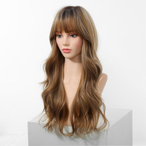 Loni-New Arrival DWY Machine Made Long Wave Light Brown Glueless Synthetic Wig