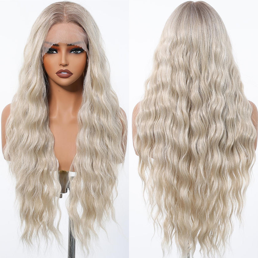 Bess-DWY 28-Inch Filter Lace Long Water Wavy Brown Wig with Highlights