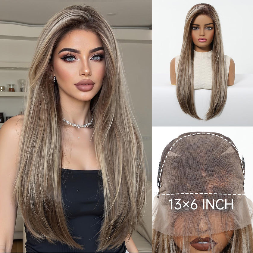 DWY Ethel New Arrival 13x6 Filter Lace Front Free Part Long Length Straight Brown with Highlights Glueless Synthetic Wig